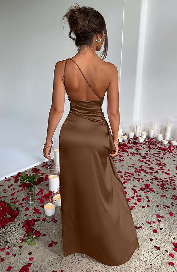 Satin One-Shoulder Slit Dress
