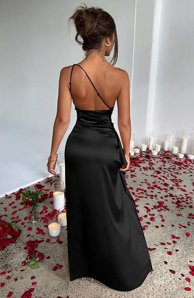 Satin One-Shoulder Slit Dress