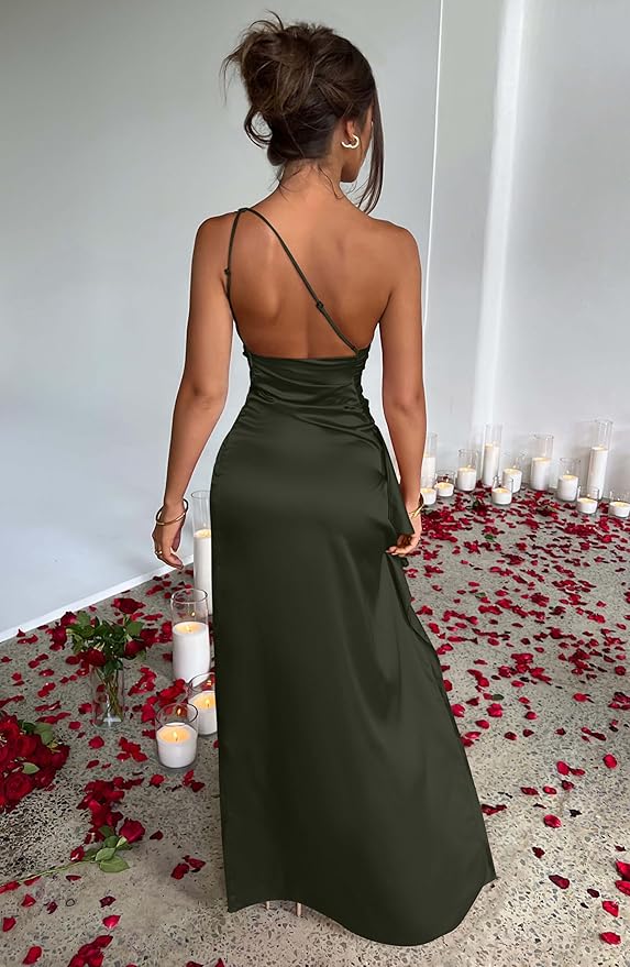 Satin One-Shoulder Slit Dress