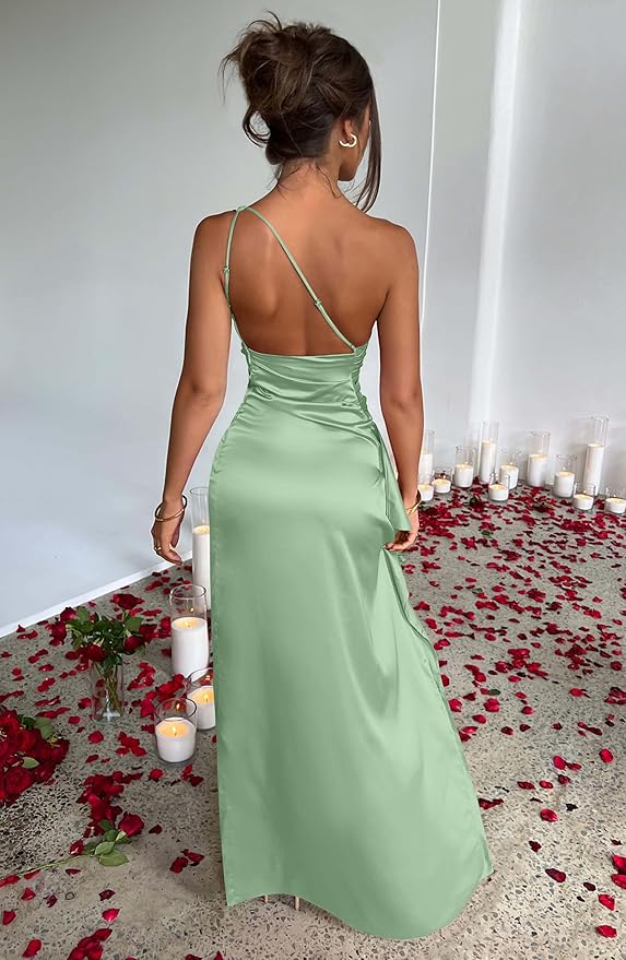 Satin One-Shoulder Slit Dress