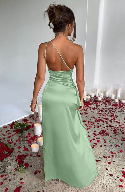 Satin One-Shoulder Slit Dress