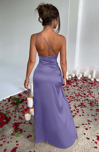 Satin One-Shoulder Slit Dress
