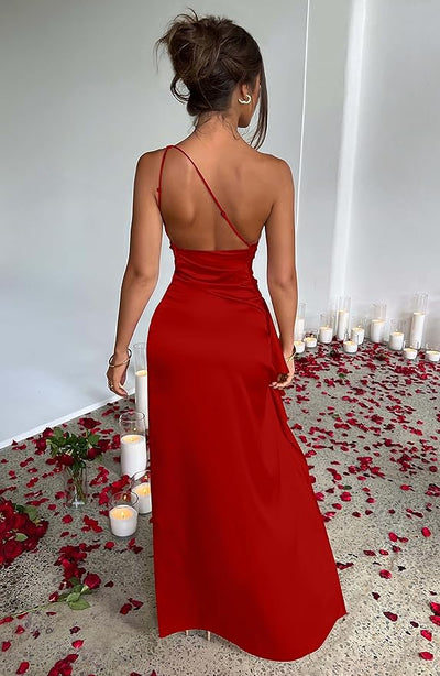 Satin One-Shoulder Slit Dress